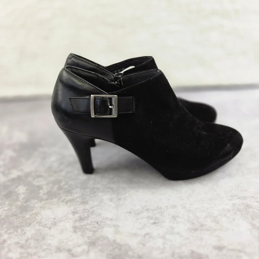 Clarks Ankle Boots Faux Suede Leather Buckle Stiletto Heel Booties